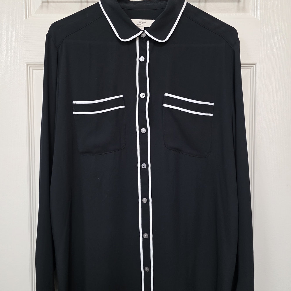 LOFT Black Blouse with White Trim